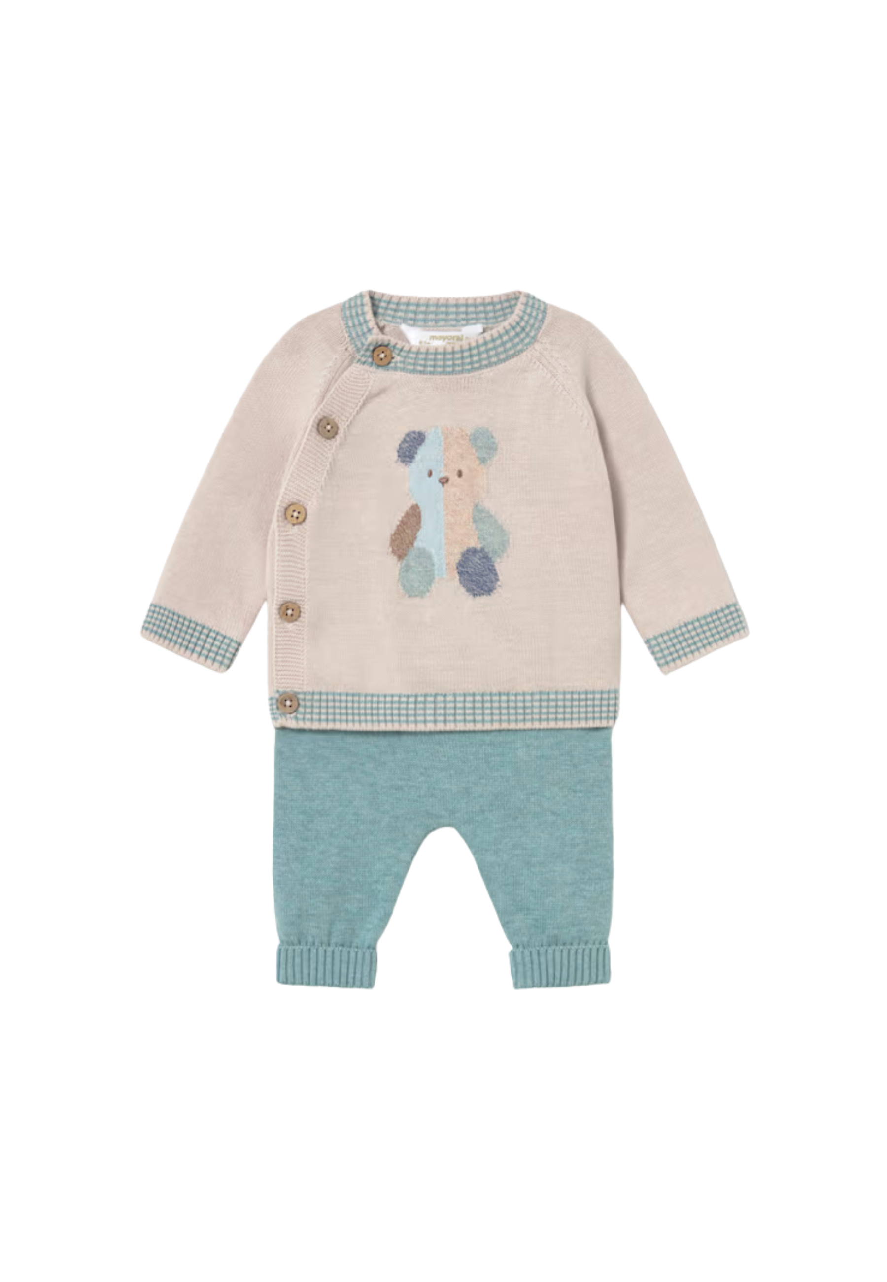 Completo neonato Mayoral in cotone con maglia chiara decorata con orsetto e pantaloni verdi