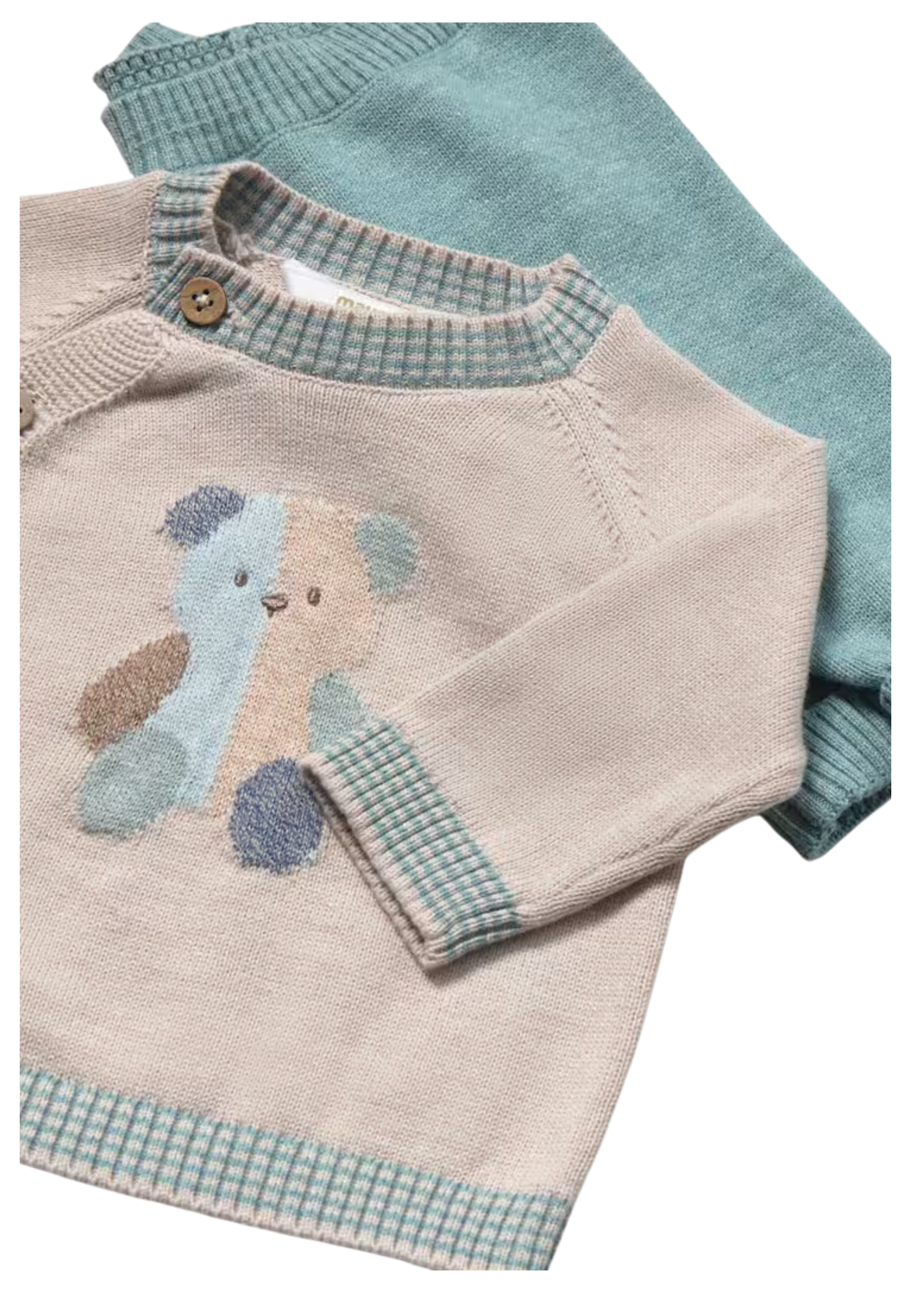Completo neonato Mayoral in cotone con maglia chiara decorata con orsetto e pantaloni verdi