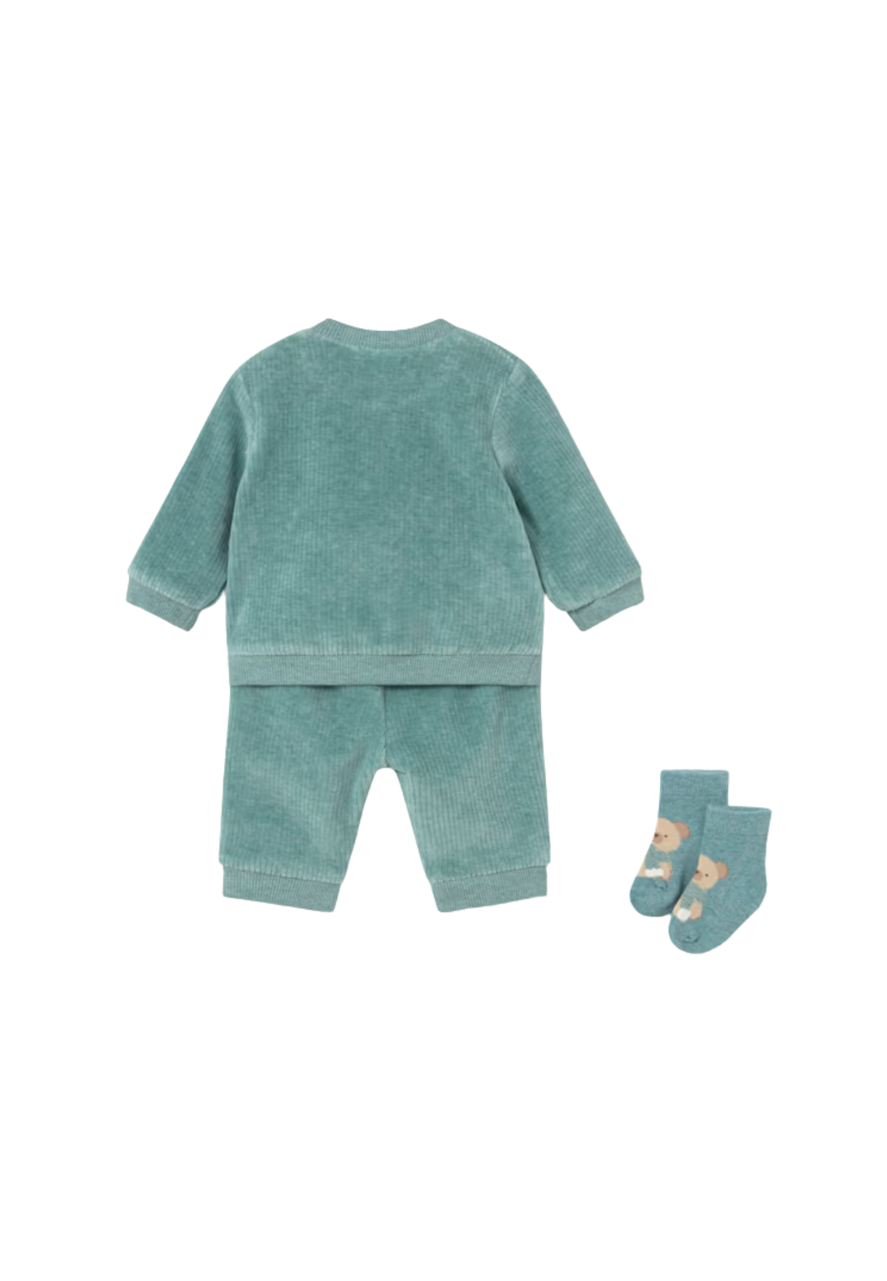 “Completo neonato Mayoral verde con orsetto, pantaloni e calzini coordinati”