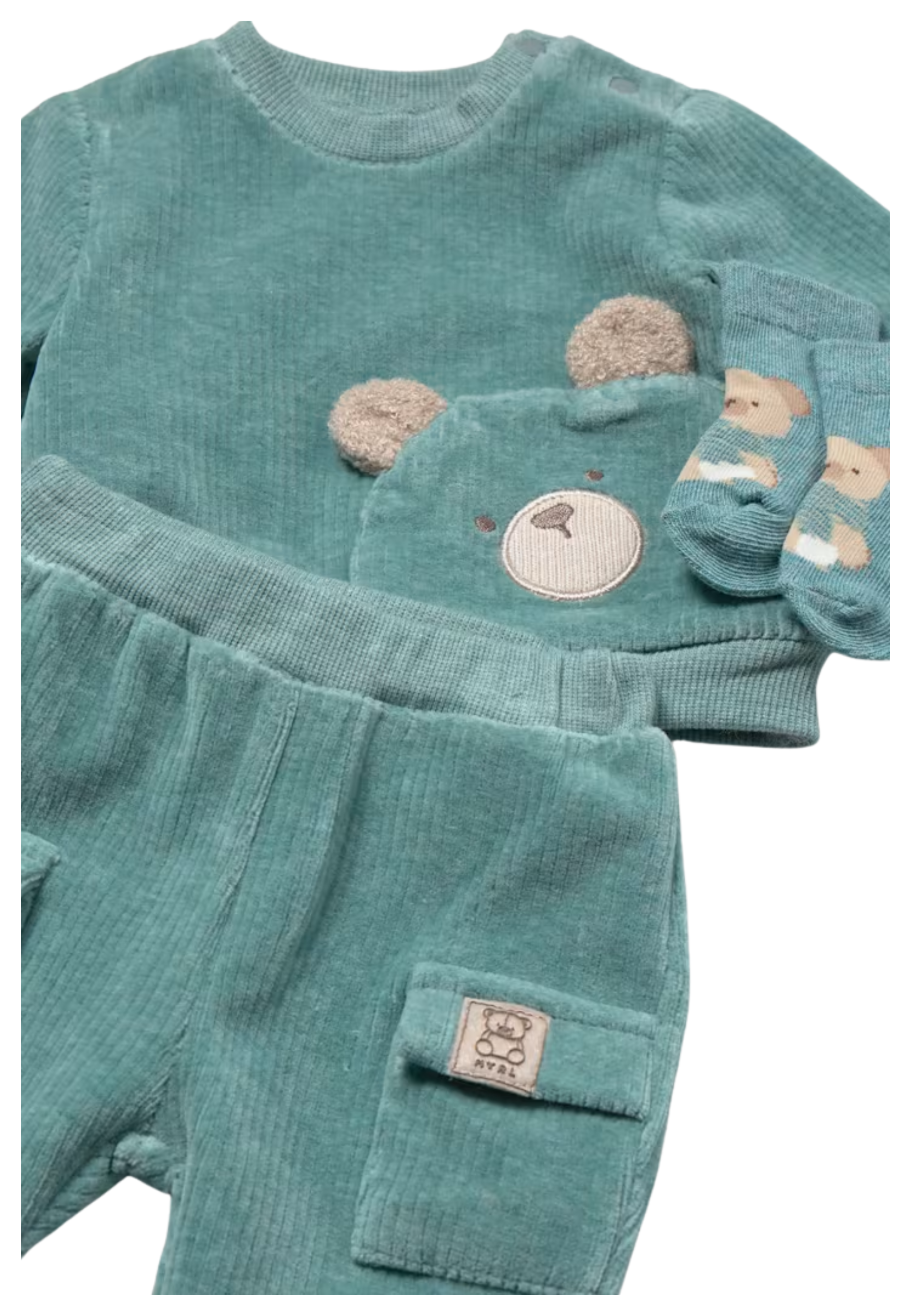 “Completo neonato Mayoral verde con orsetto, pantaloni e calzini coordinati”